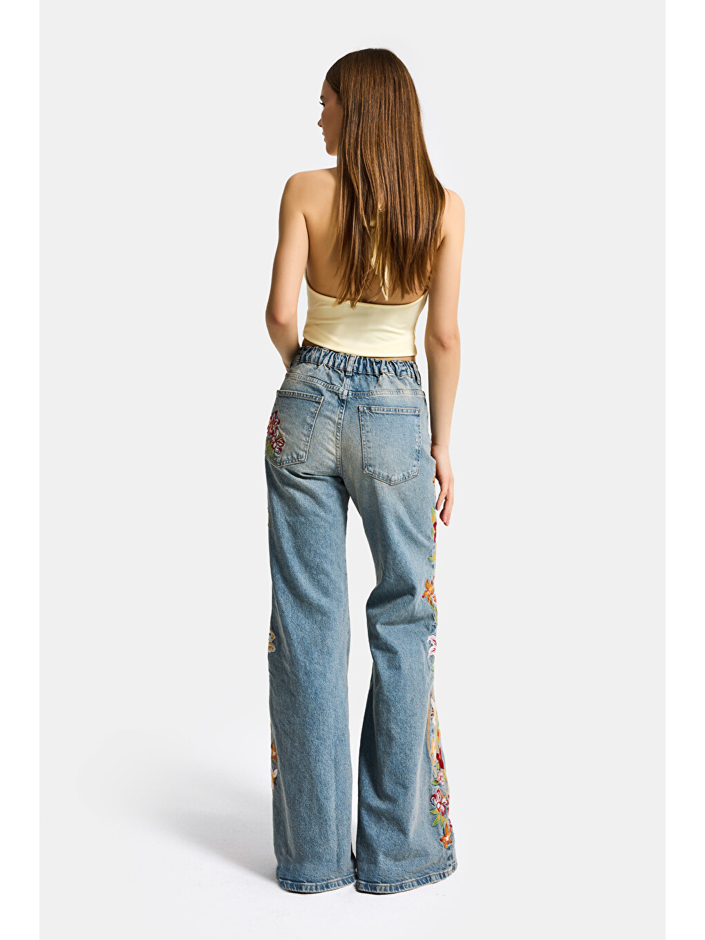 Mavi Kadın Jean Rengi 4s6-32 Flare Fit Beli Lastikli Özel Çiçek Desen Nakışlı Tasarım Denim Jean-5
