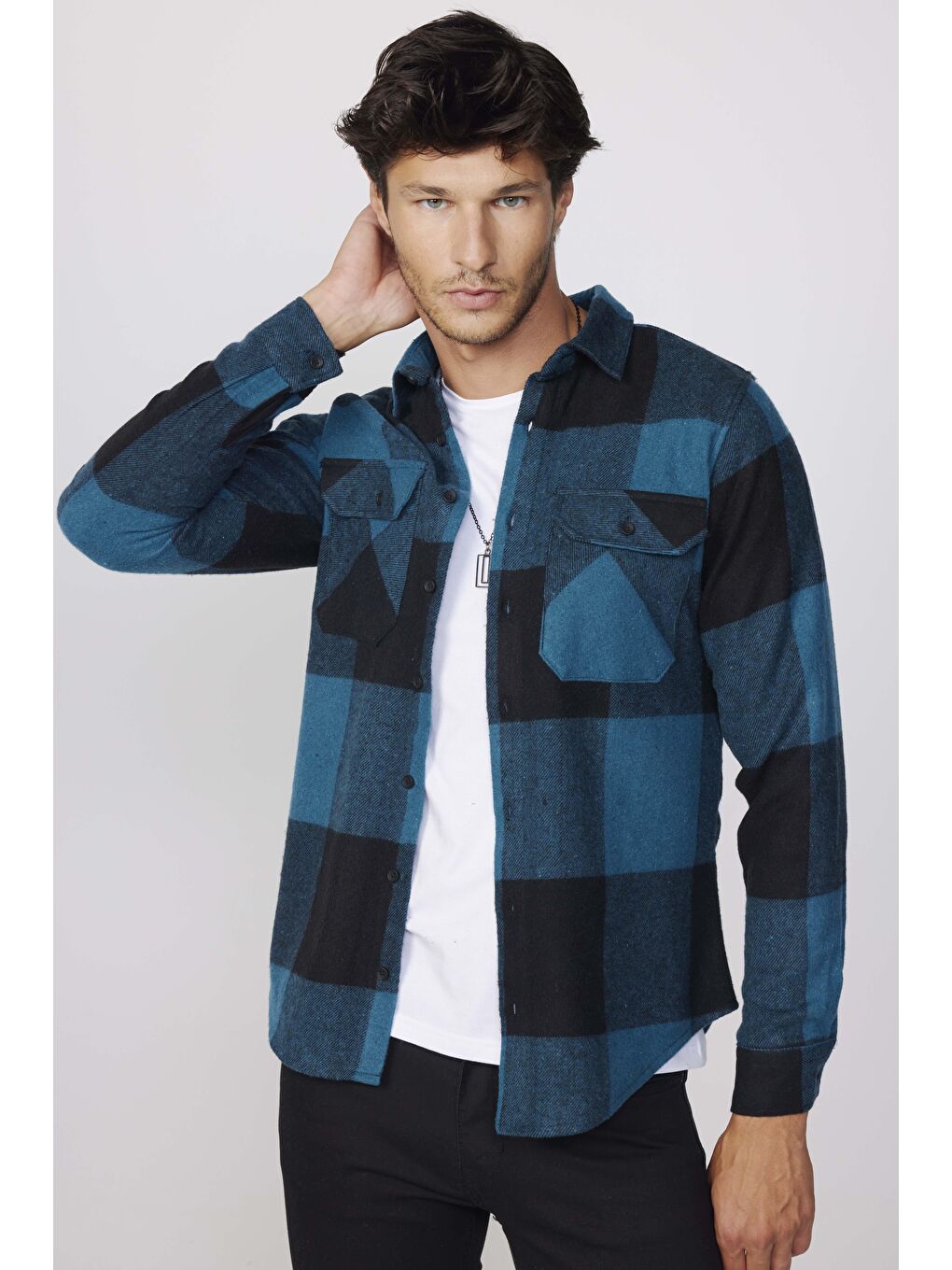 Karışık Slim Fit Büyük Kareli Çift Cepli Oduncu Erkek Gömlek-1