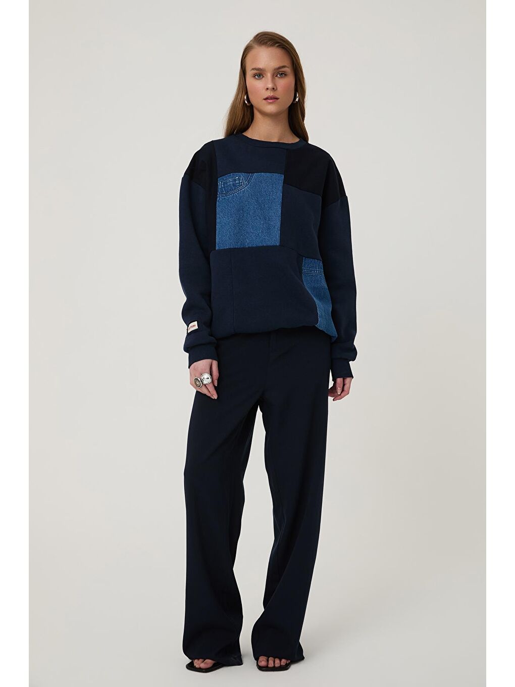 QUZU Saks Denim Blok Detaylı Sweatshirt Lacivert - 2