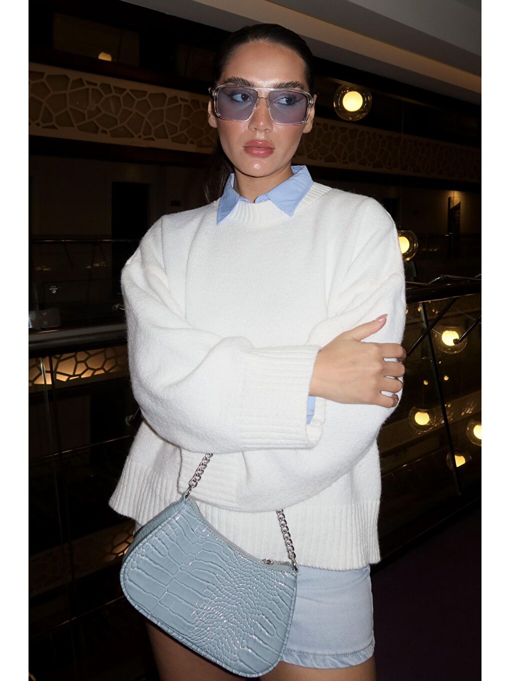 Beyaz Bisiklet Yaka Oversize Triko Kazak Mg1972-1