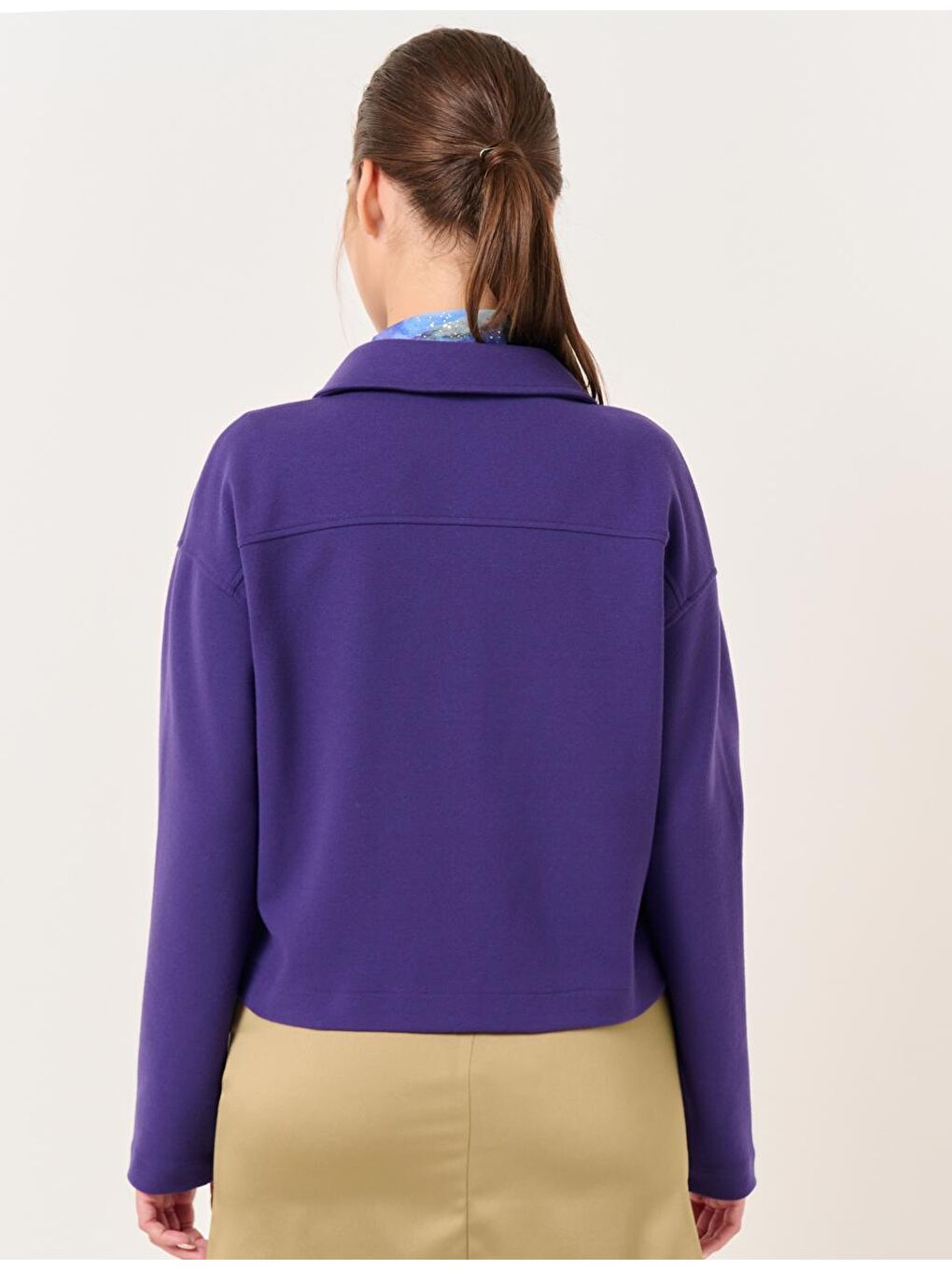 Koyu Mor Uzun Kollu Cepli Kısa Ceket-4