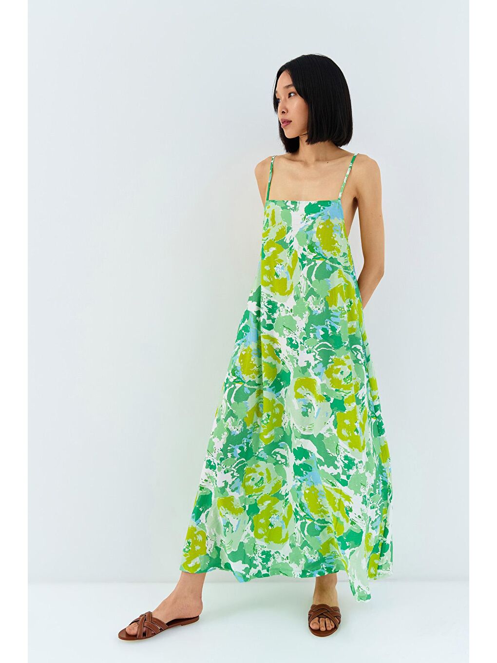 Turkuaz Renkli Desenli Askılı Uzun Elbise Mint-2