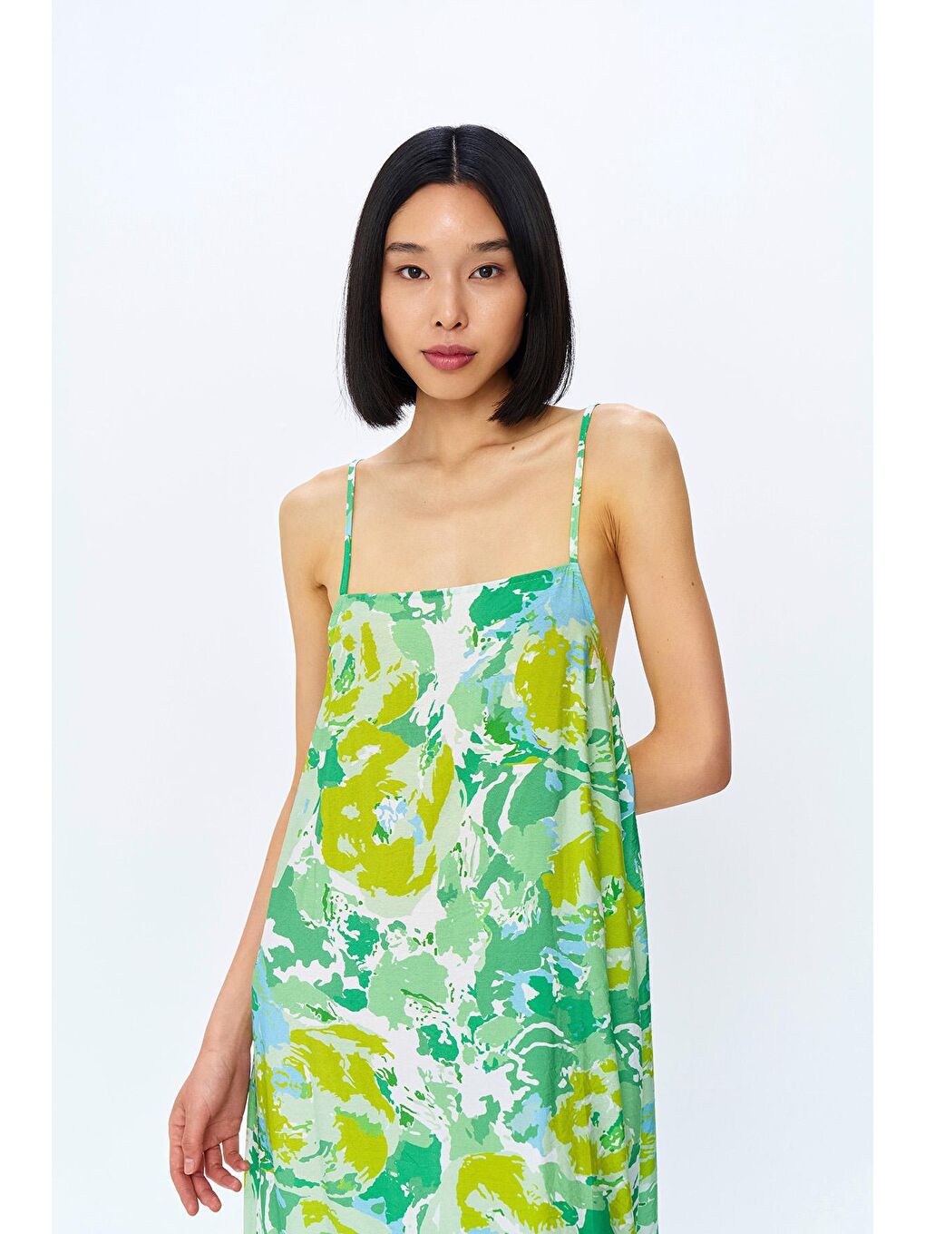 Turkuaz Renkli Desenli Askılı Uzun Elbise Mint-3