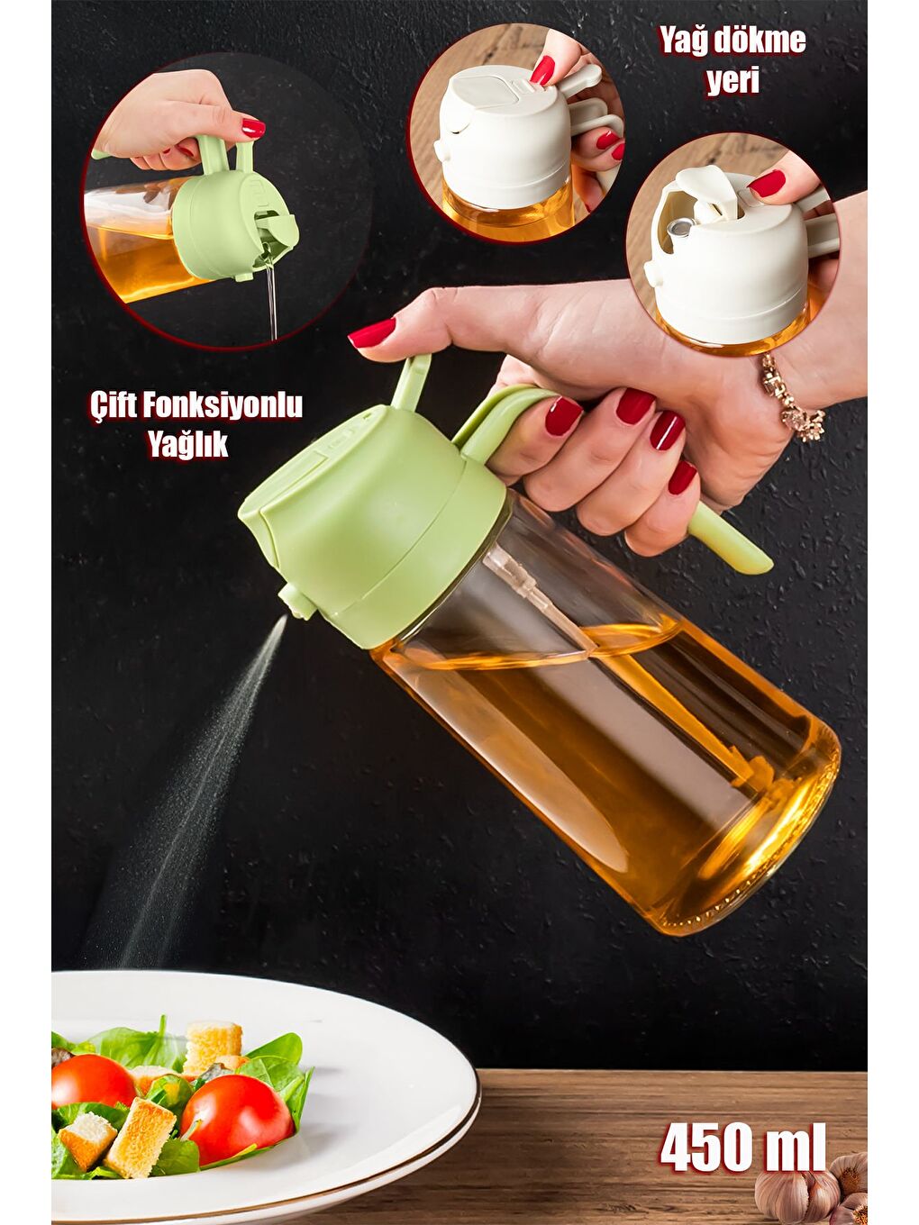 ALK-1900 Çok Amaçlı Cam Sprey Şişe -Yağdanlık Limon Sirke Sos Püskürtücü, Sızdırmaz Yağdanlık Yeşil