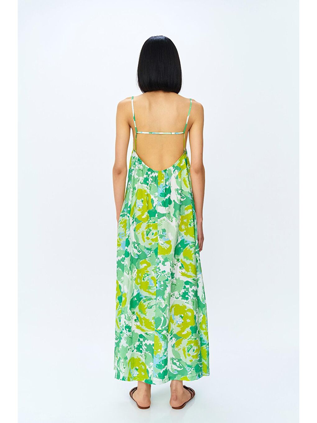 Turkuaz Renkli Desenli Askılı Uzun Elbise Mint-4