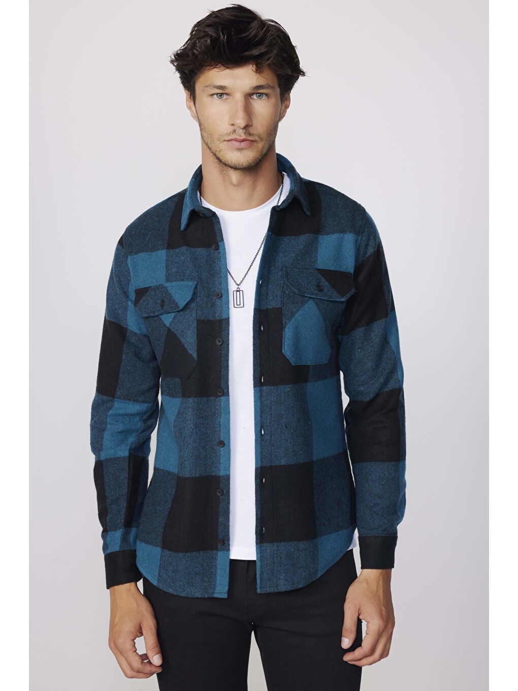 Karışık Slim Fit Büyük Kareli Çift Cepli Oduncu Erkek Gömlek-2