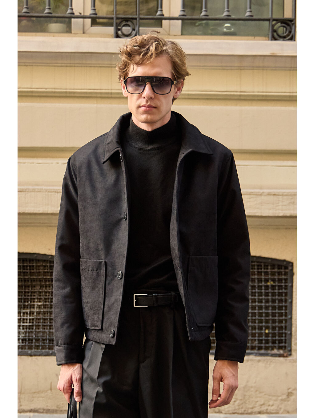 Erkek Süet Kapitoneli Mont Ceket Siyah-1