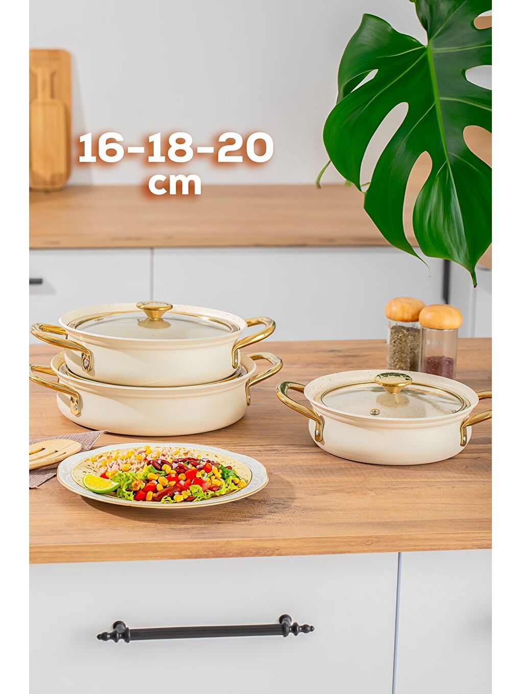 Bej 3724 Bakraç Güveç Sahan Takımı-Granit Yanmaz Yapışmaz Cam Kapaklı 3 lü Sahan Seti