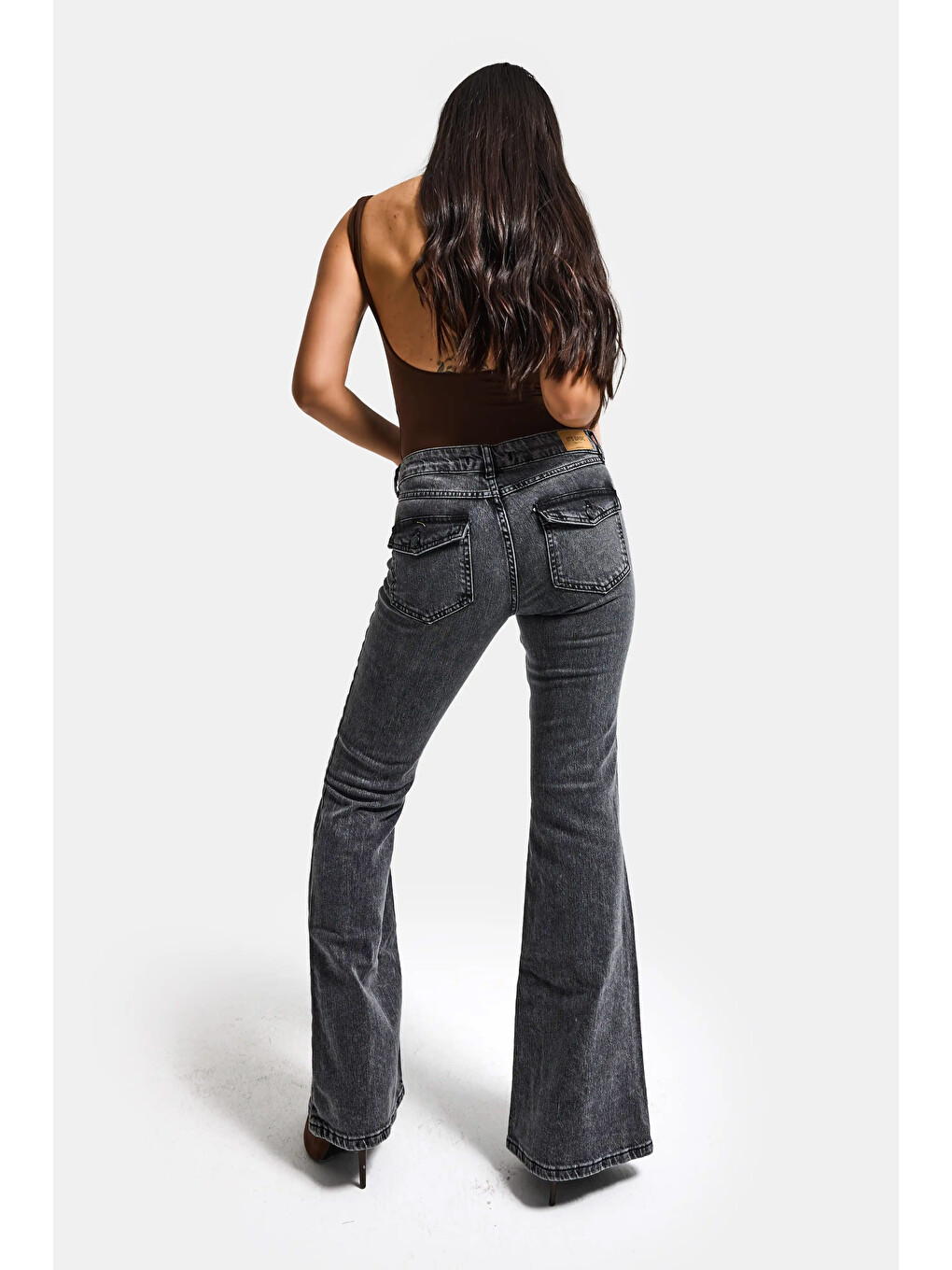 Gri Kadın Jean Füme 4s6-14 SLN05 Mide Rise Flare Fit Süper Esnek Kumaş İç Boy 83cm Denim Jean-1