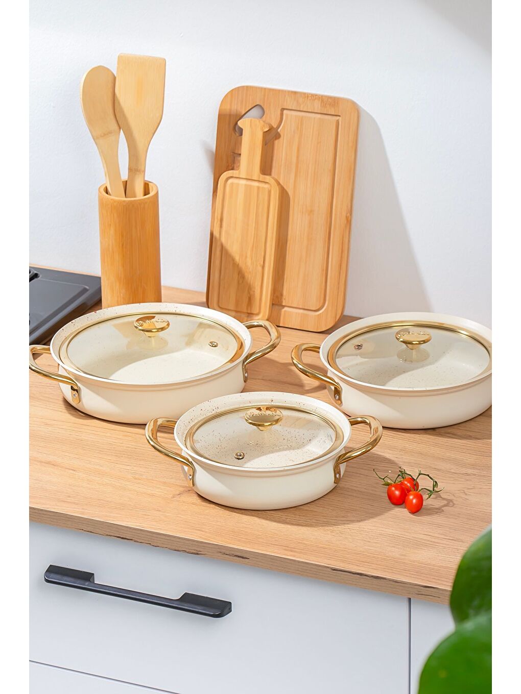 Bej 3724 Bakraç Güveç Sahan Takımı-Granit Yanmaz Yapışmaz Cam Kapaklı 3 lü Sahan Seti-1