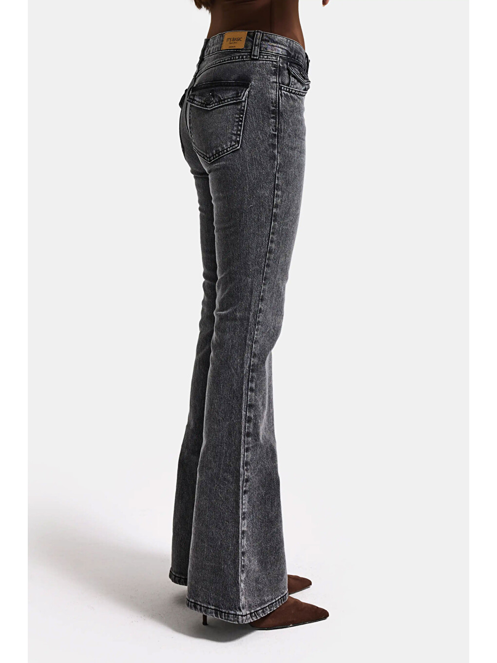 Gri Kadın Jean Füme 4s6-14 SLN05 Mide Rise Flare Fit Süper Esnek Kumaş İç Boy 83cm Denim Jean-2
