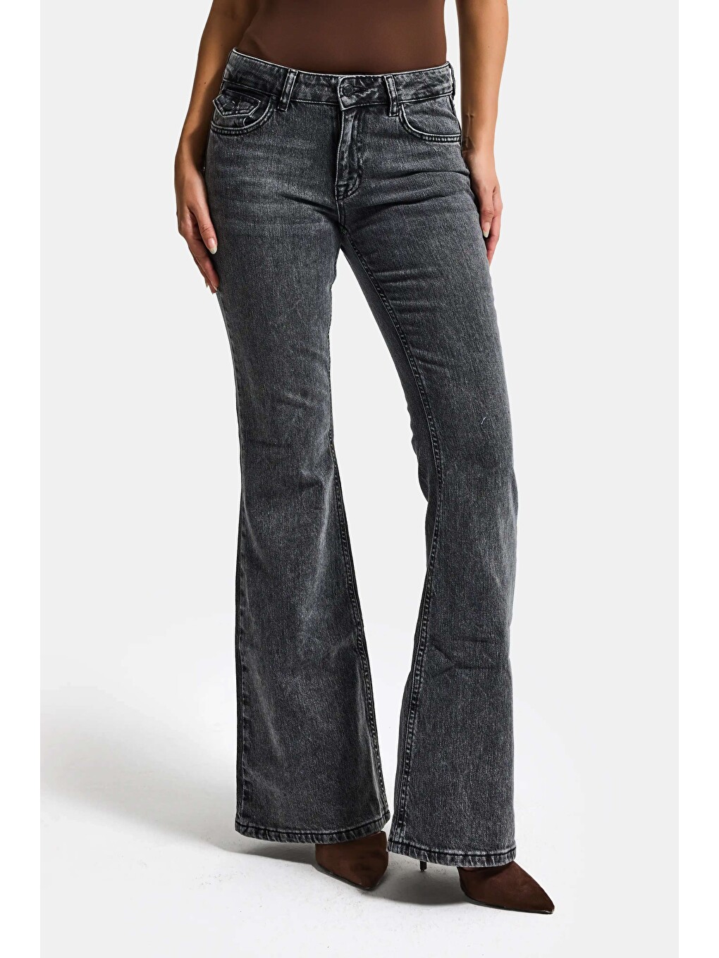 Gri Kadın Jean Füme 4s6-14 SLN05 Mide Rise Flare Fit Süper Esnek Kumaş İç Boy 83cm Denim Jean-3