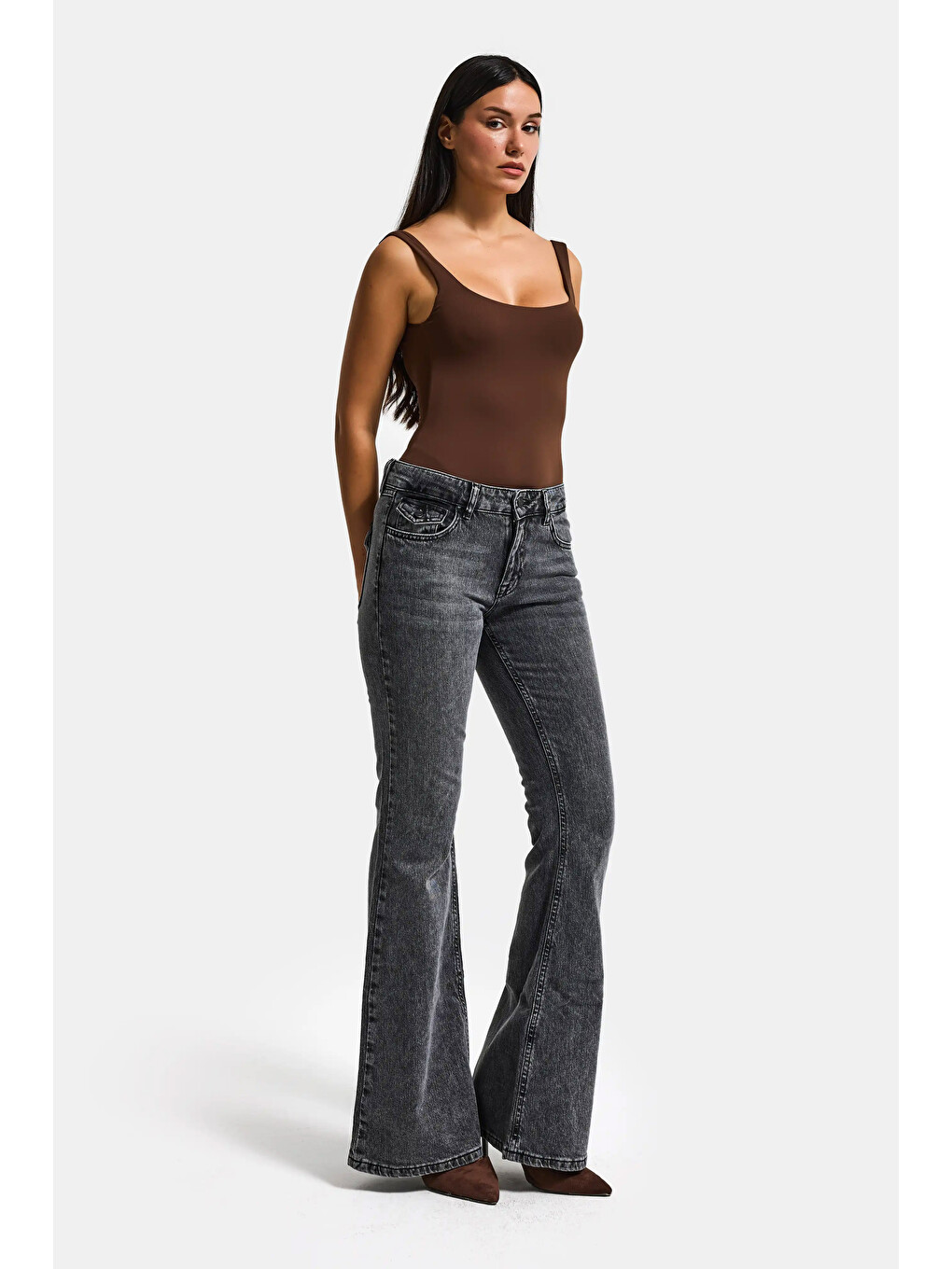 Gri Kadın Jean Füme 4s6-14 SLN05 Mide Rise Flare Fit Süper Esnek Kumaş İç Boy 83cm Denim Jean-6
