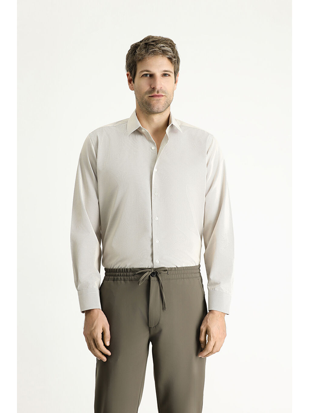 Kahverengi Uzun Kol Klasik Çizgili Pamuklu Kolay Ütülenebilir Büyük Beden Gömlek-2