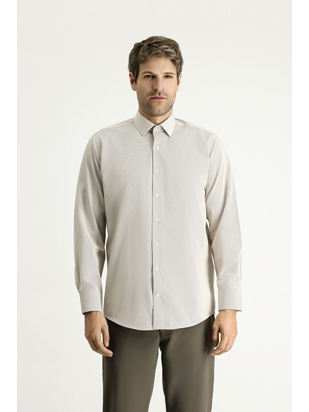 Kahverengi Uzun Kol Klasik Çizgili Pamuklu Kolay Ütülenebilir Büyük Beden Gömlek-3