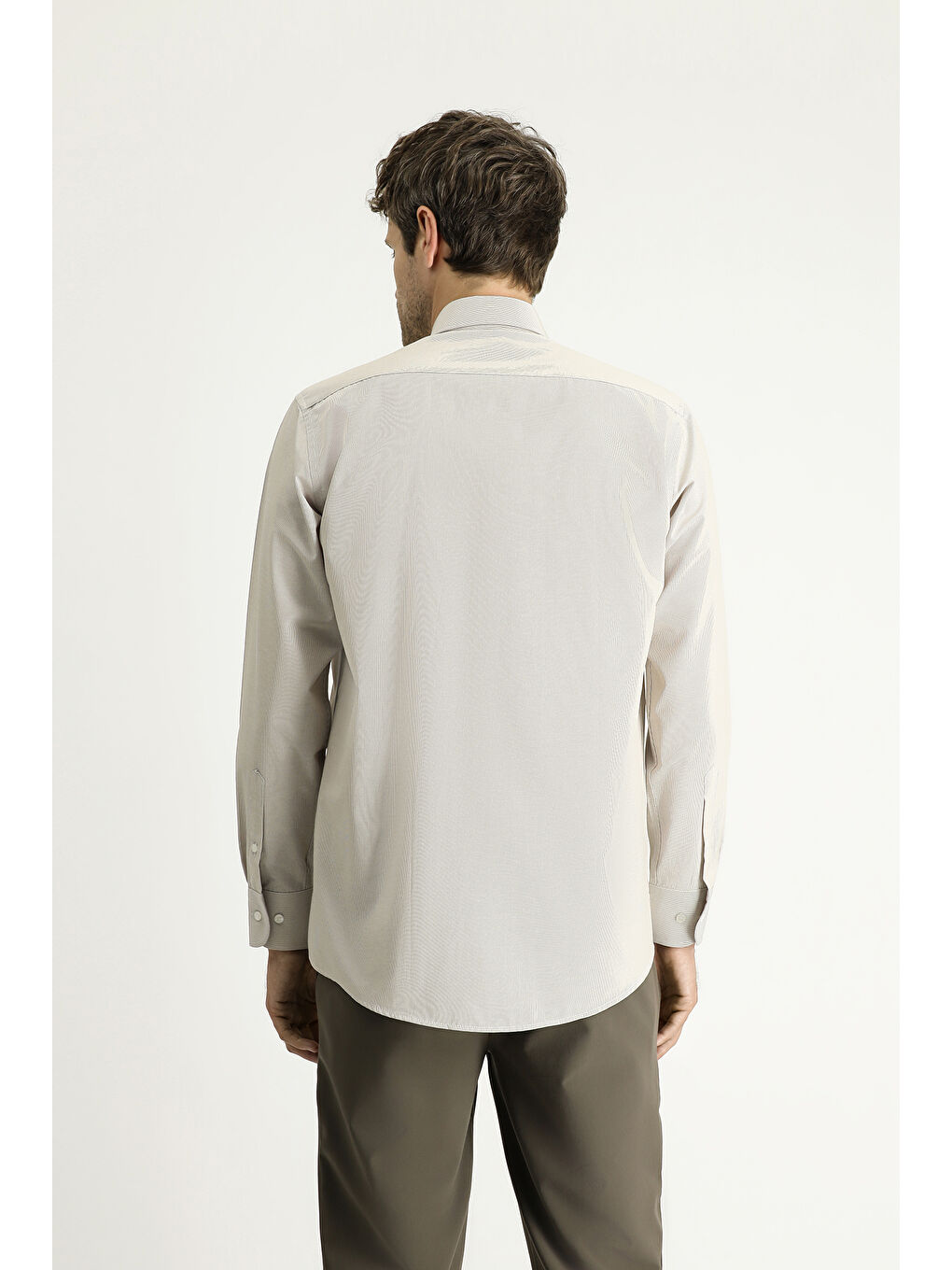 Kahverengi Uzun Kol Klasik Çizgili Pamuklu Kolay Ütülenebilir Büyük Beden Gömlek-4