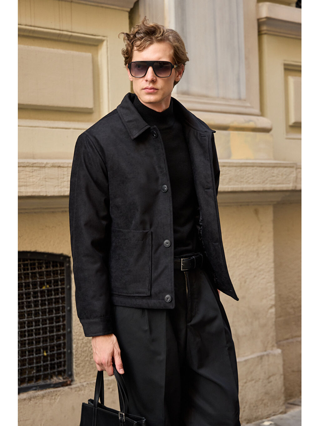 Erkek Süet Kapitoneli Mont Ceket Siyah