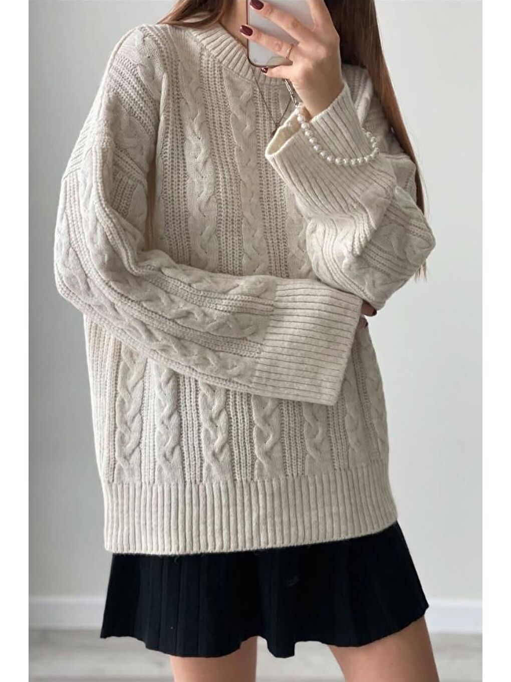 Ekru Bisiklet Yaka Oversize Triko Kazak Mg1969-2