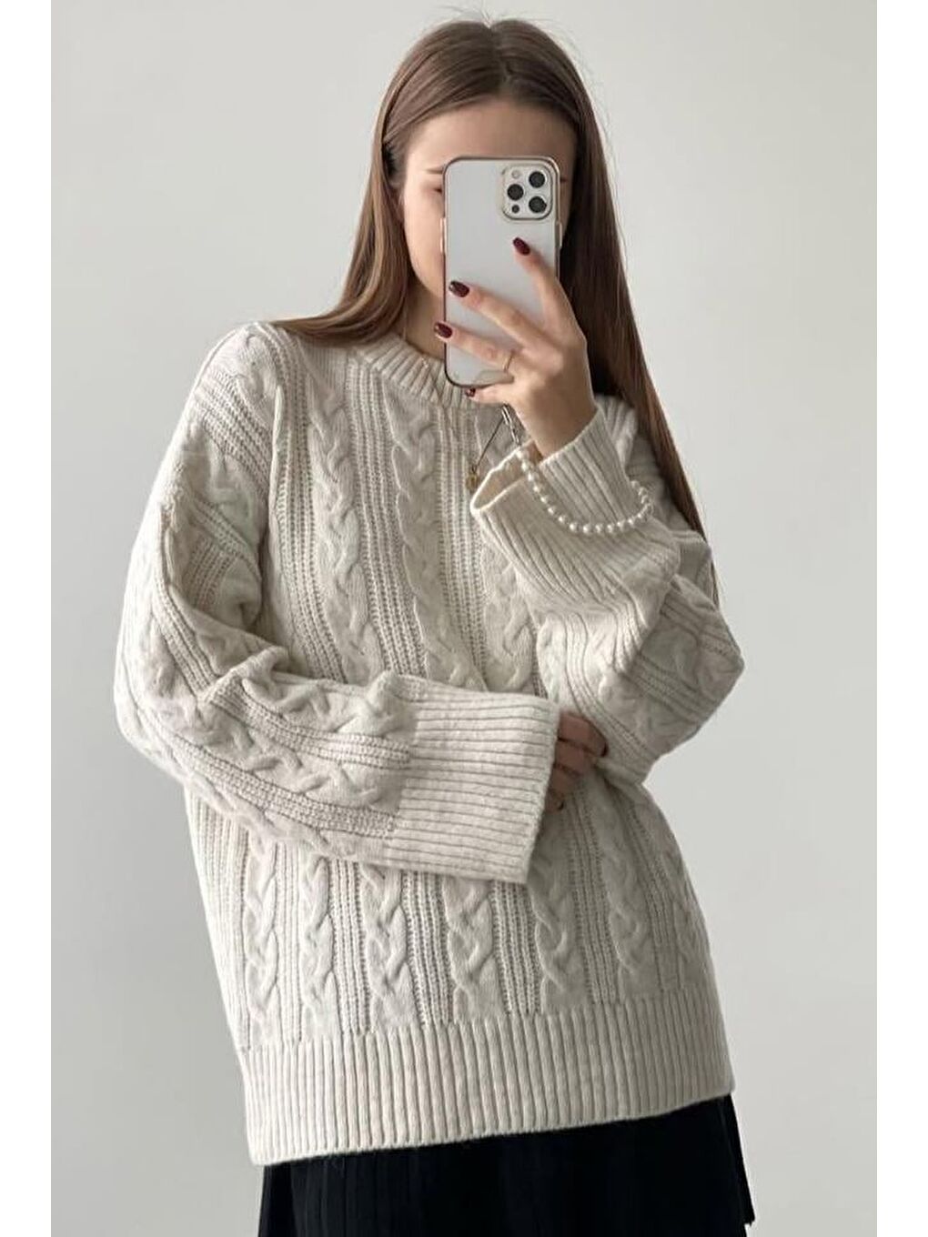 Ekru Bisiklet Yaka Oversize Triko Kazak Mg1969-8