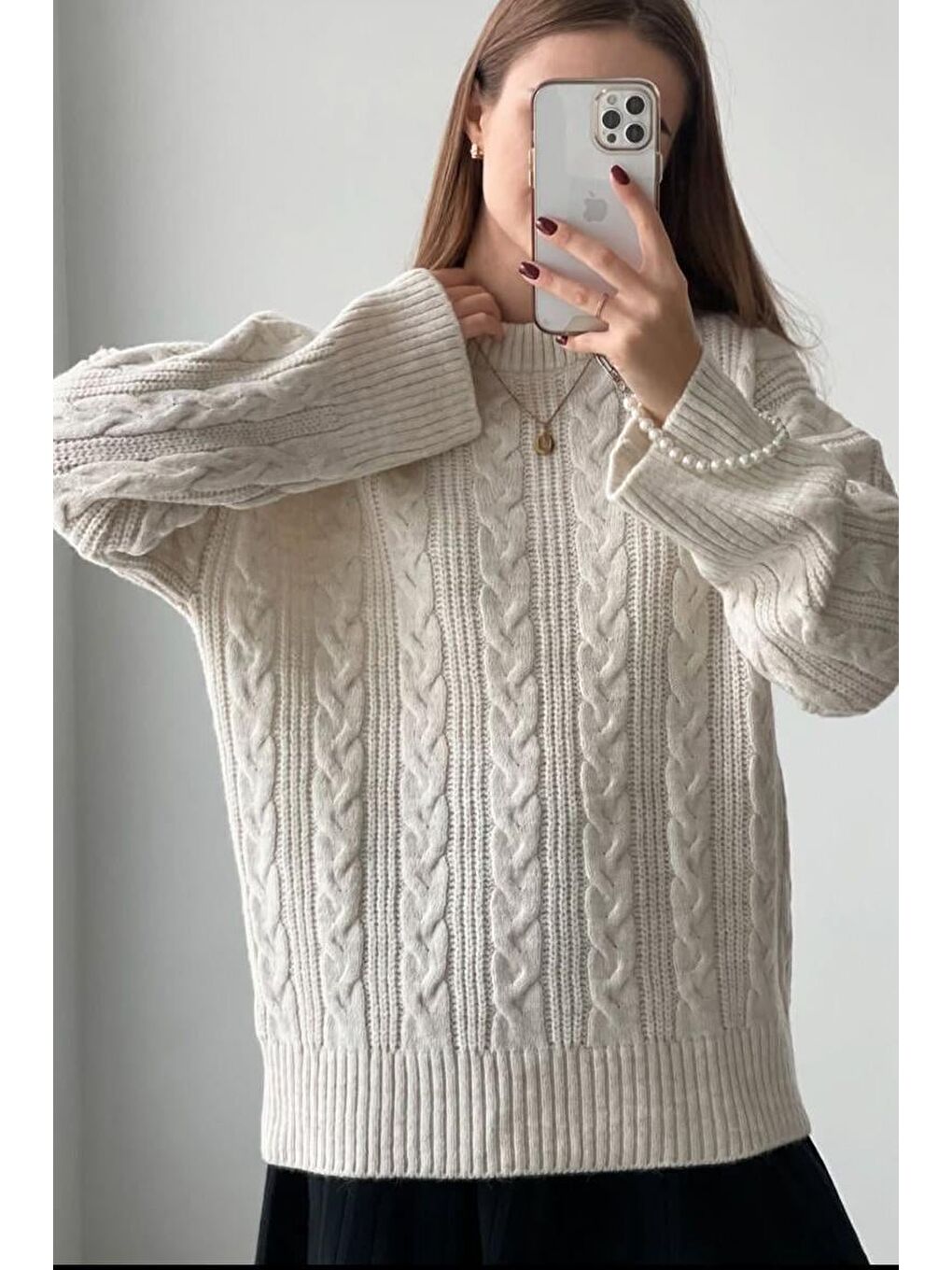 Ekru Bisiklet Yaka Oversize Triko Kazak Mg1969-9