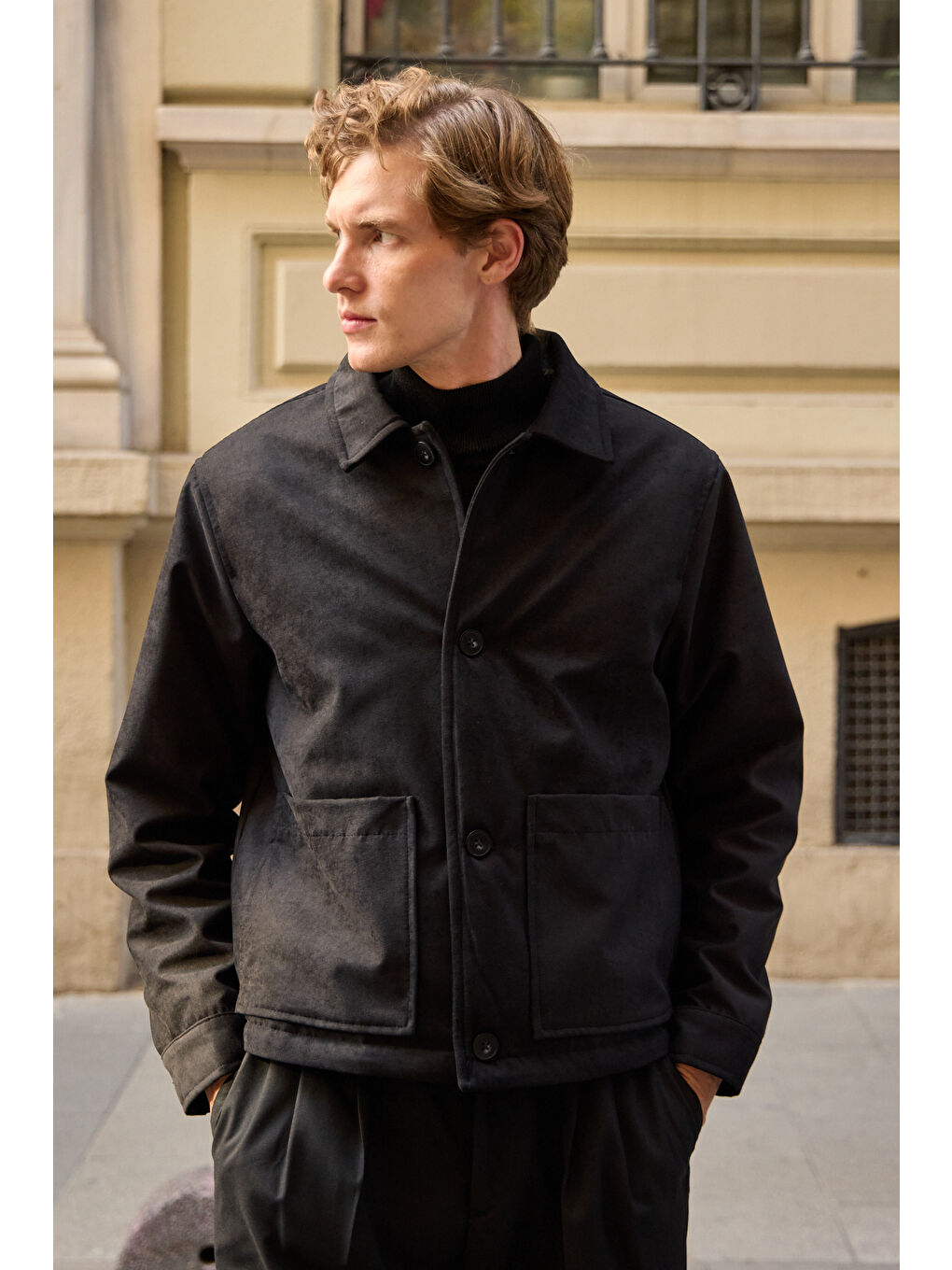 Erkek Süet Kapitoneli Mont Ceket Siyah-3