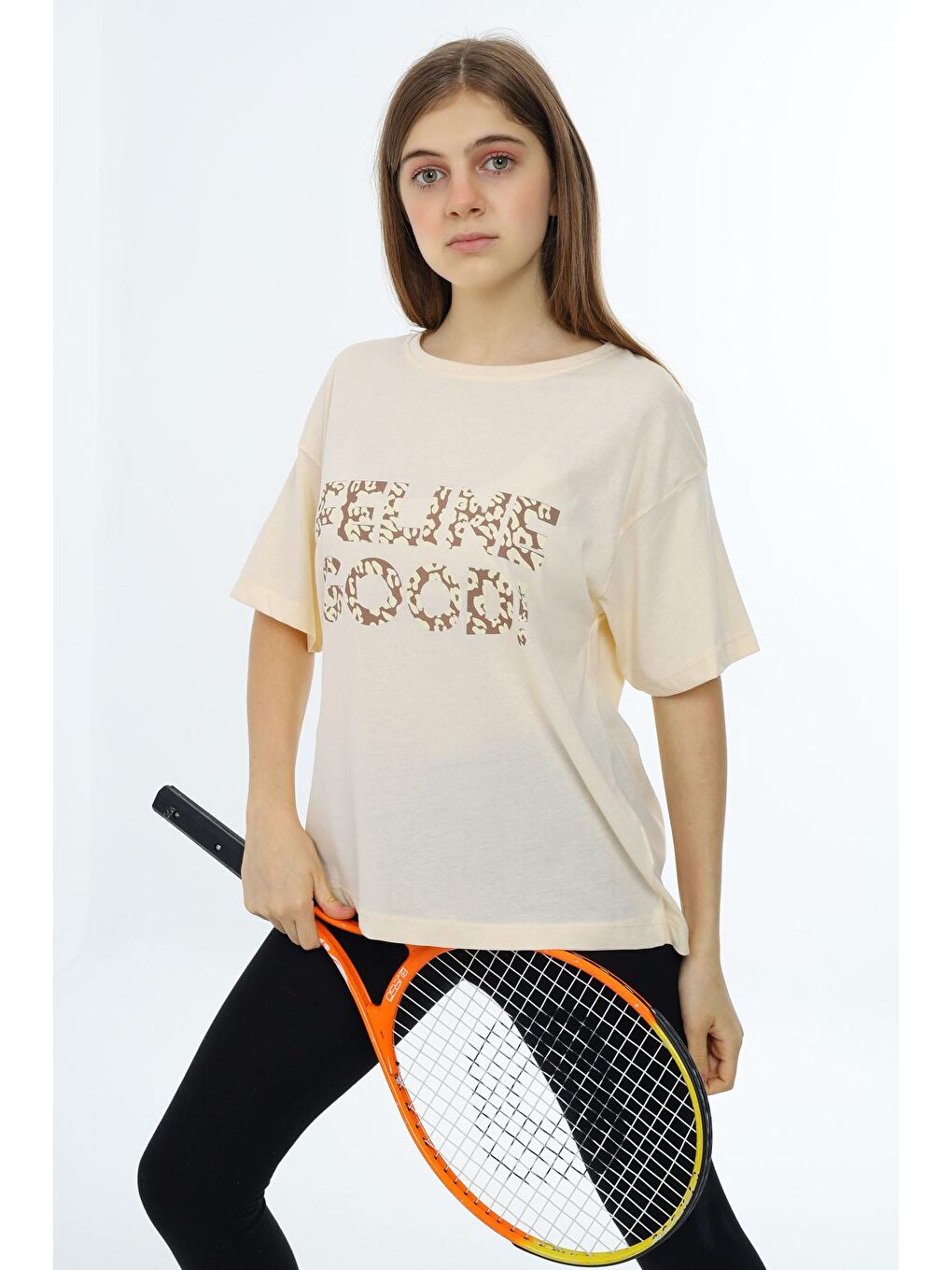 Ekru Krem Leopar Desenli Yazılı Bisiklet Yaka Kız T-shirt 18007