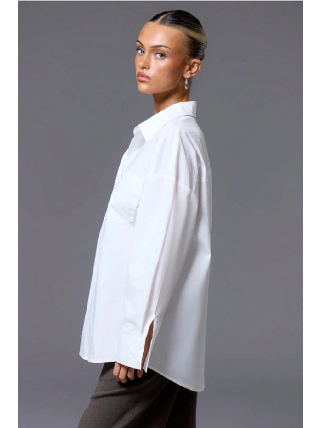 Beyaz Kadın Oversize Gömlek Uzun Kollu Basic Salaş Kesim Poplin Trend Günlük Gömlek-3