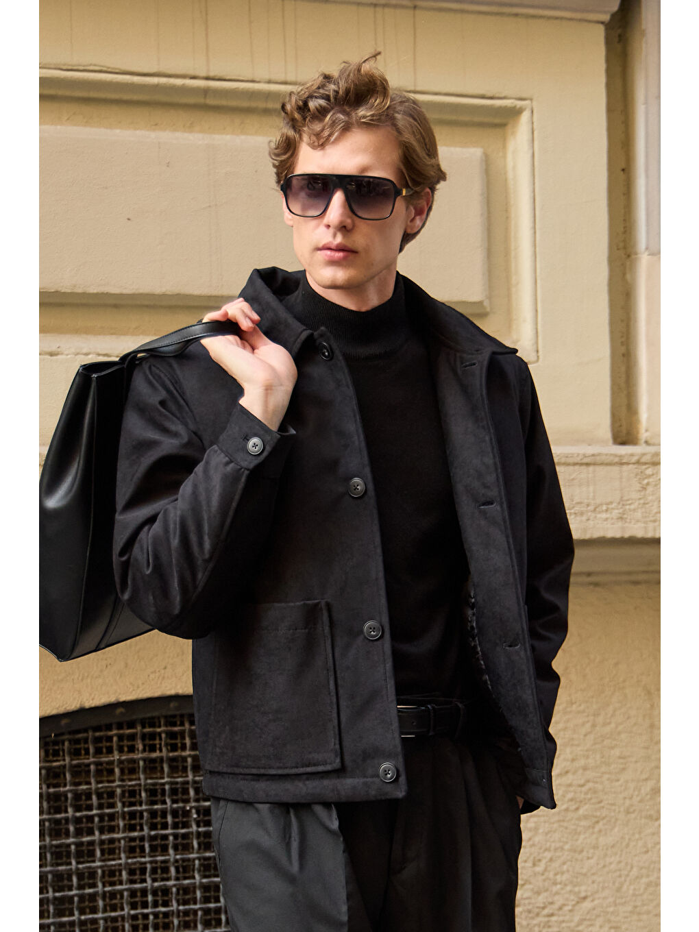 Erkek Süet Kapitoneli Mont Ceket Siyah-4