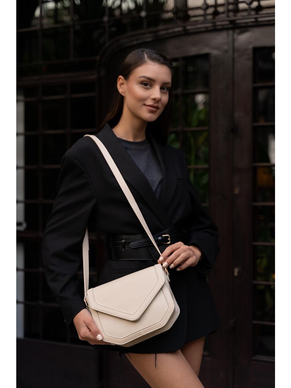 Ekru Milo Geometrik Kapaklı Kadın Çanta - Krem