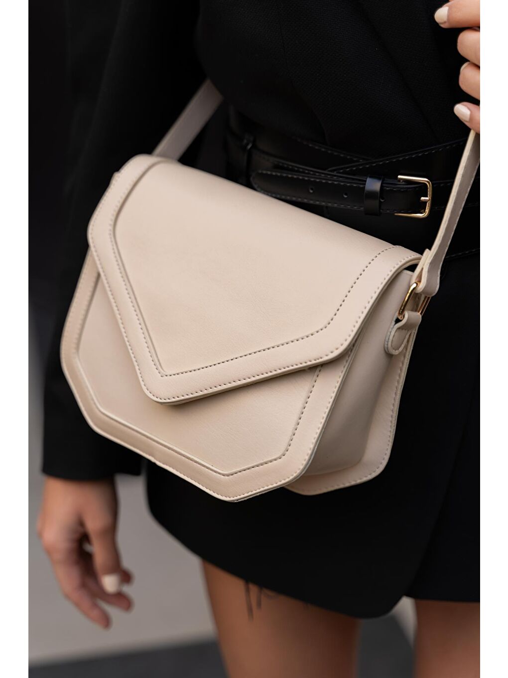 Ekru Milo Geometrik Kapaklı Kadın Çanta - Krem-3