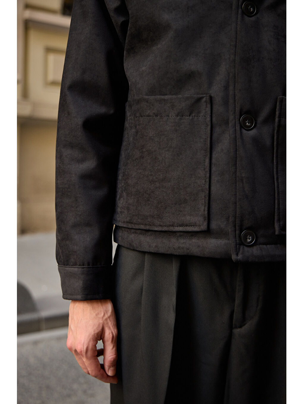 Erkek Süet Kapitoneli Mont Ceket Siyah-5