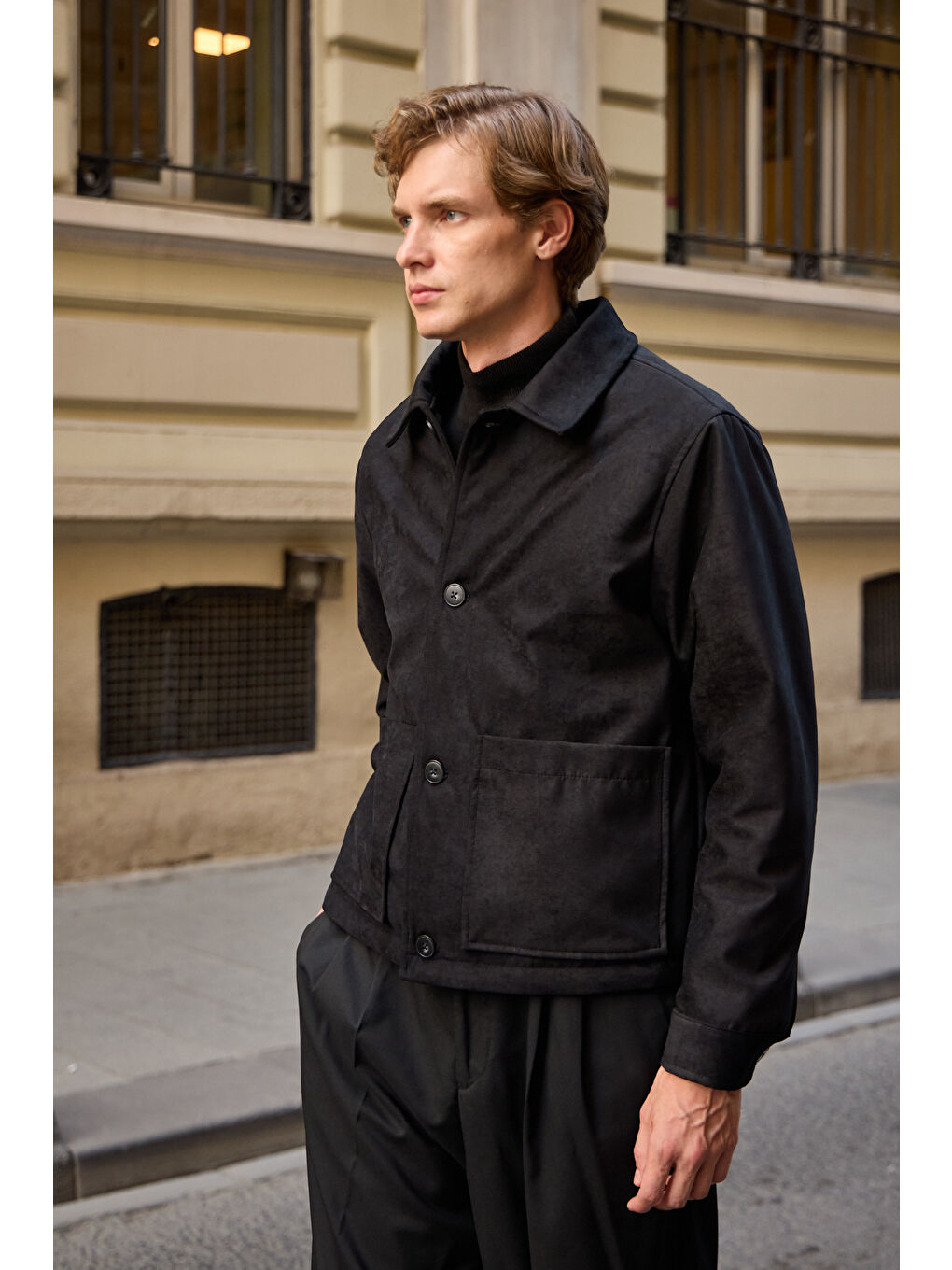Erkek Süet Kapitoneli Mont Ceket Siyah-6