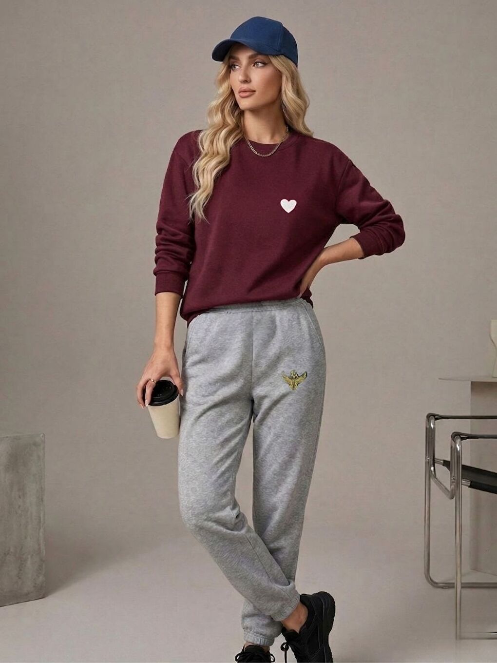 Bordo Gri Kalp+Golden Wing Baskılı Oversize Eşofman Takımı