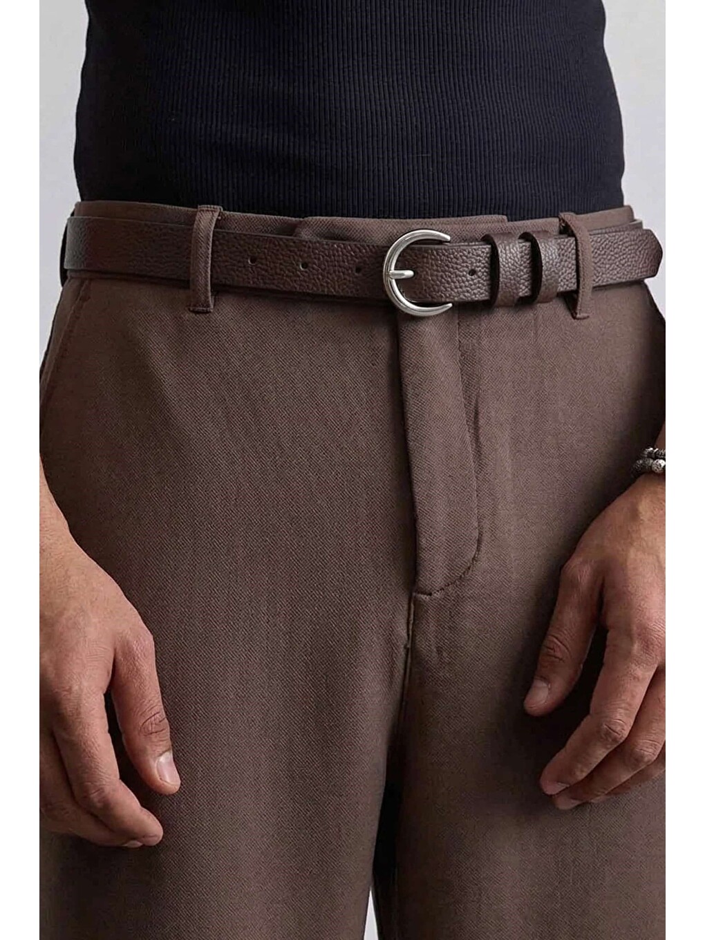 Erkek Smart Casual İnce Metal Tokalı Kemer Kahverengi-1