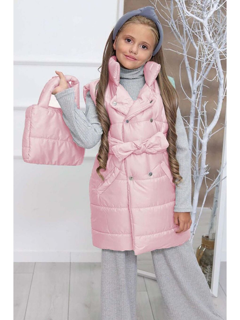 Kız Çocuk Şişme Yelek ve Çantalı, Fitilli İspanyol Paça Pembe Eşofman Takım-2