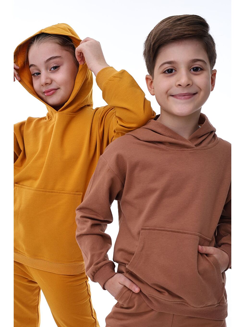 Kahverengi Basic Kapüşonlu Şardonlu Kanguru Cep Detaylı Çocuk Sweatshirt 3-12 Yaş-3