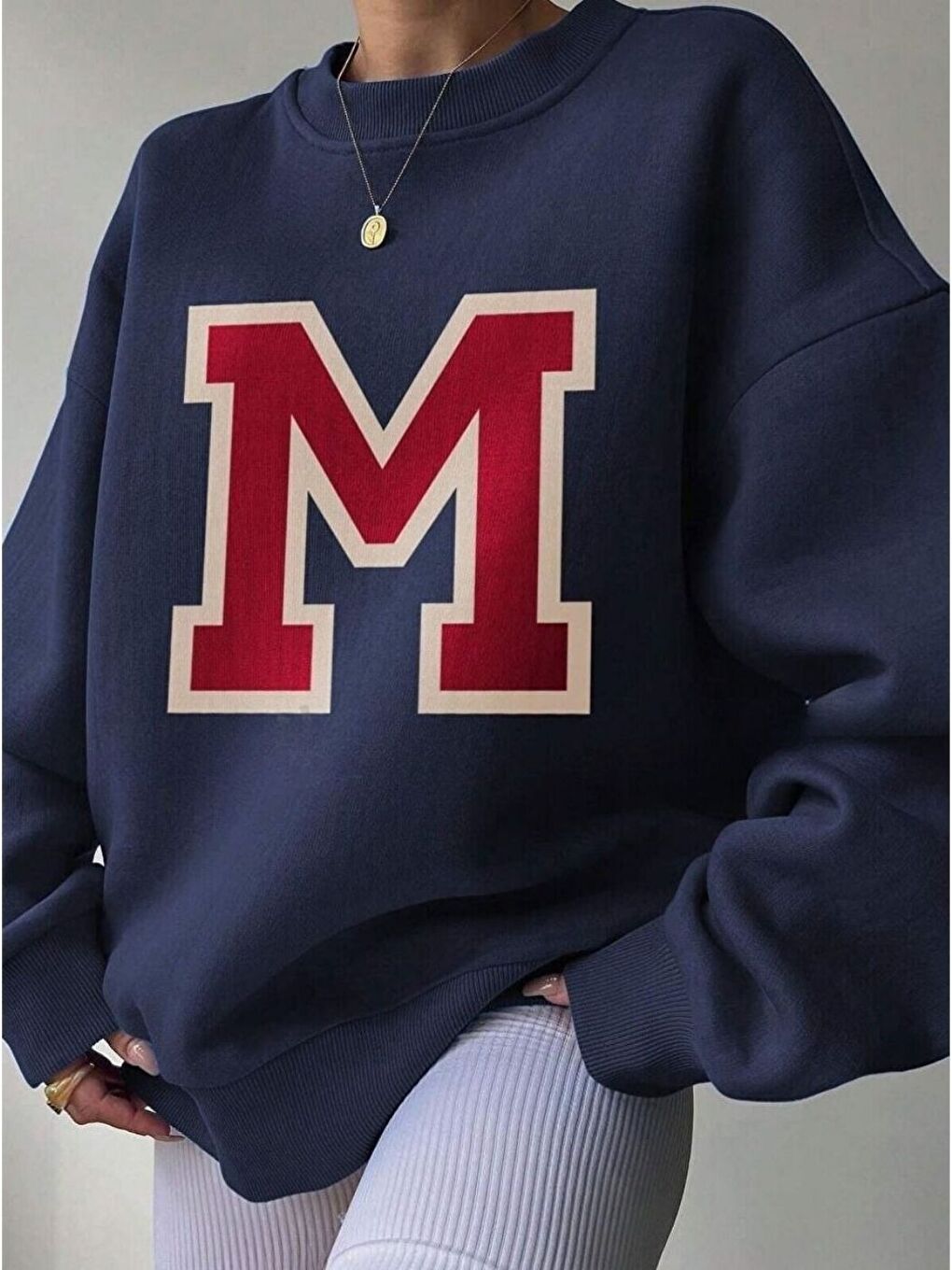 Lacivert Kadın Navy Blue  M Logo Baskılı Oversize Bisiklet Yaka Sweatshirt