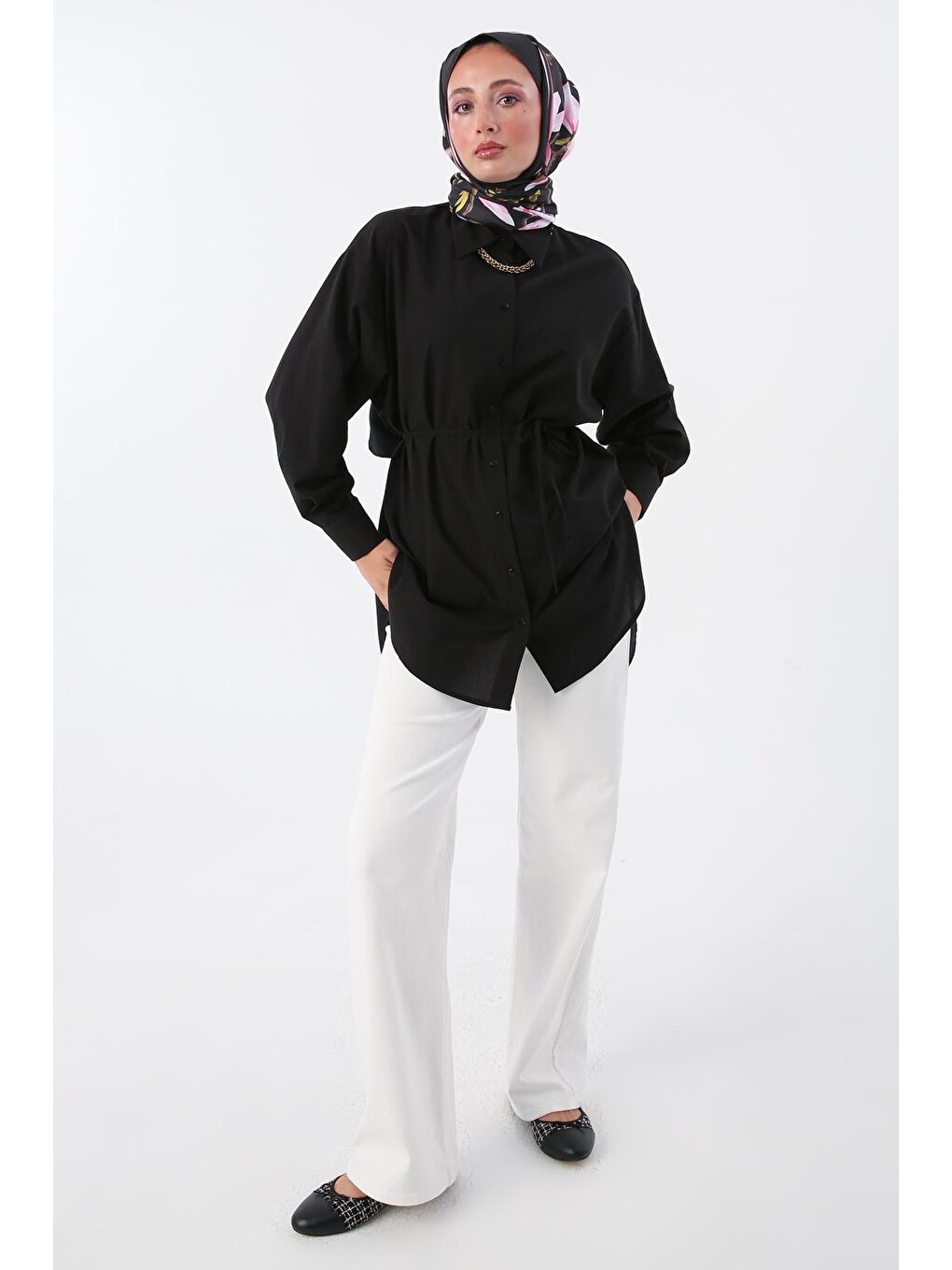 Siyah %100 Pamuk Oversize Arkası Pilikaşeli Kuşaklı Gömlek Tunik