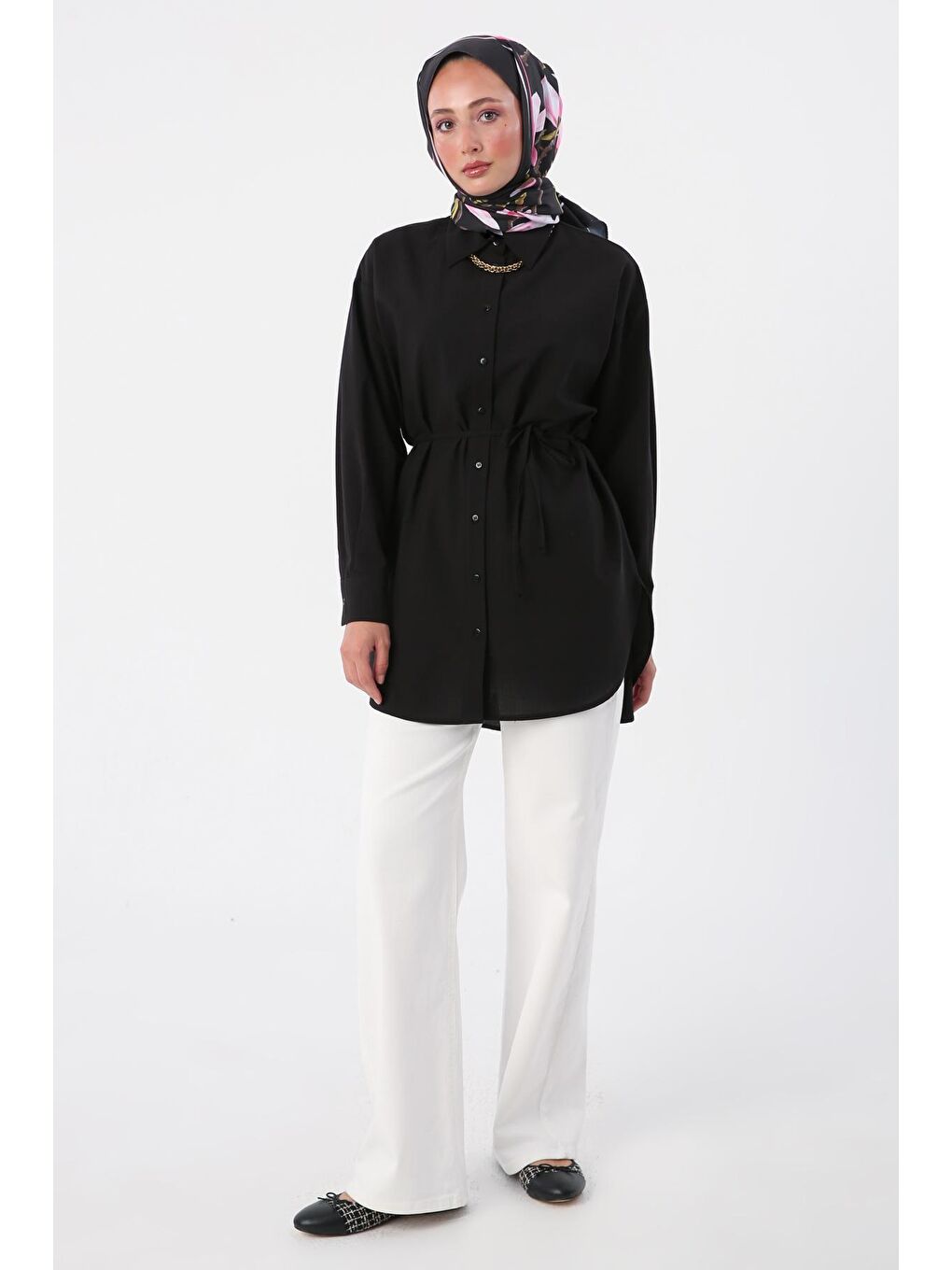 Siyah %100 Pamuk Oversize Arkası Pilikaşeli Kuşaklı Gömlek Tunik-1