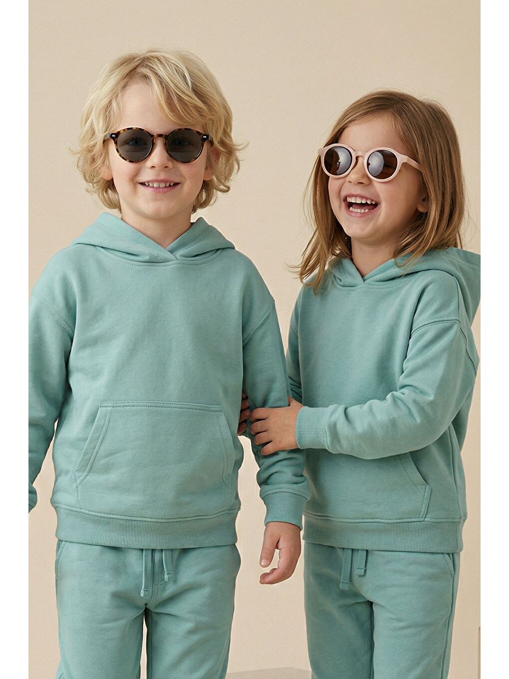Turkuaz Basic Kapüşonlu Şardonlu Kanguru Cep Detaylı Çocuk Sweatshirt 3-12 Yaş