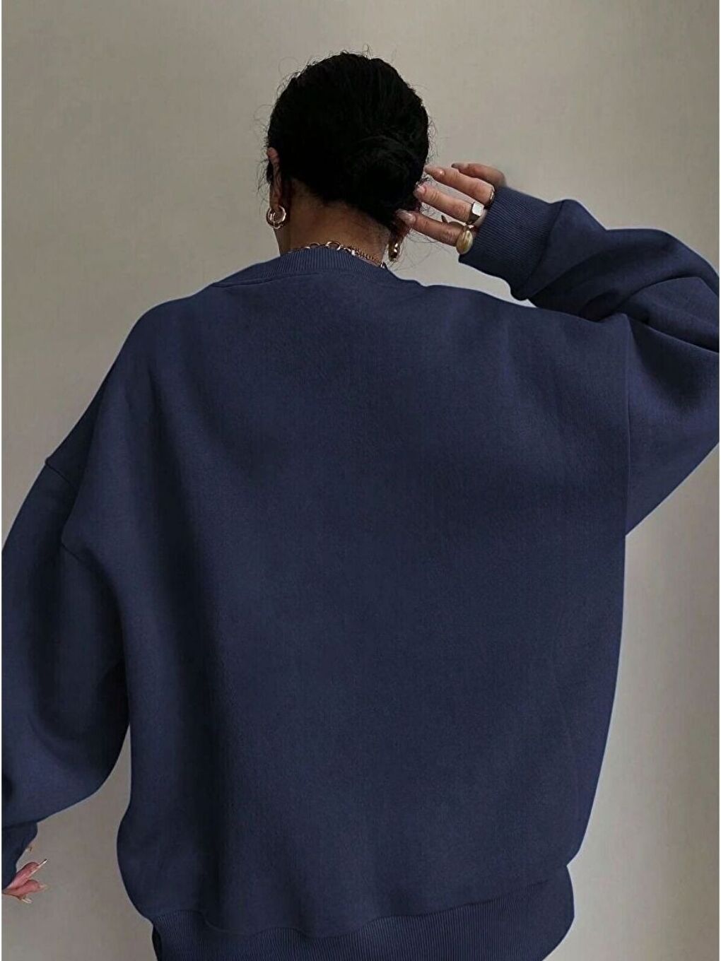 Lacivert Kadın Navy Blue  M Logo Baskılı Oversize Bisiklet Yaka Sweatshirt-1