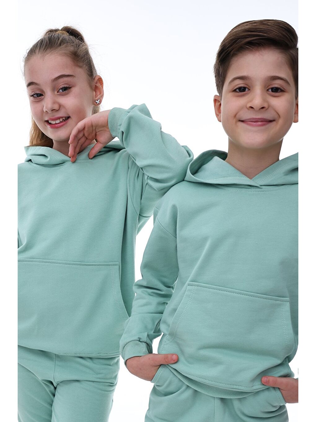 Turkuaz Basic Kapüşonlu Şardonlu Kanguru Cep Detaylı Çocuk Sweatshirt 3-12 Yaş-4