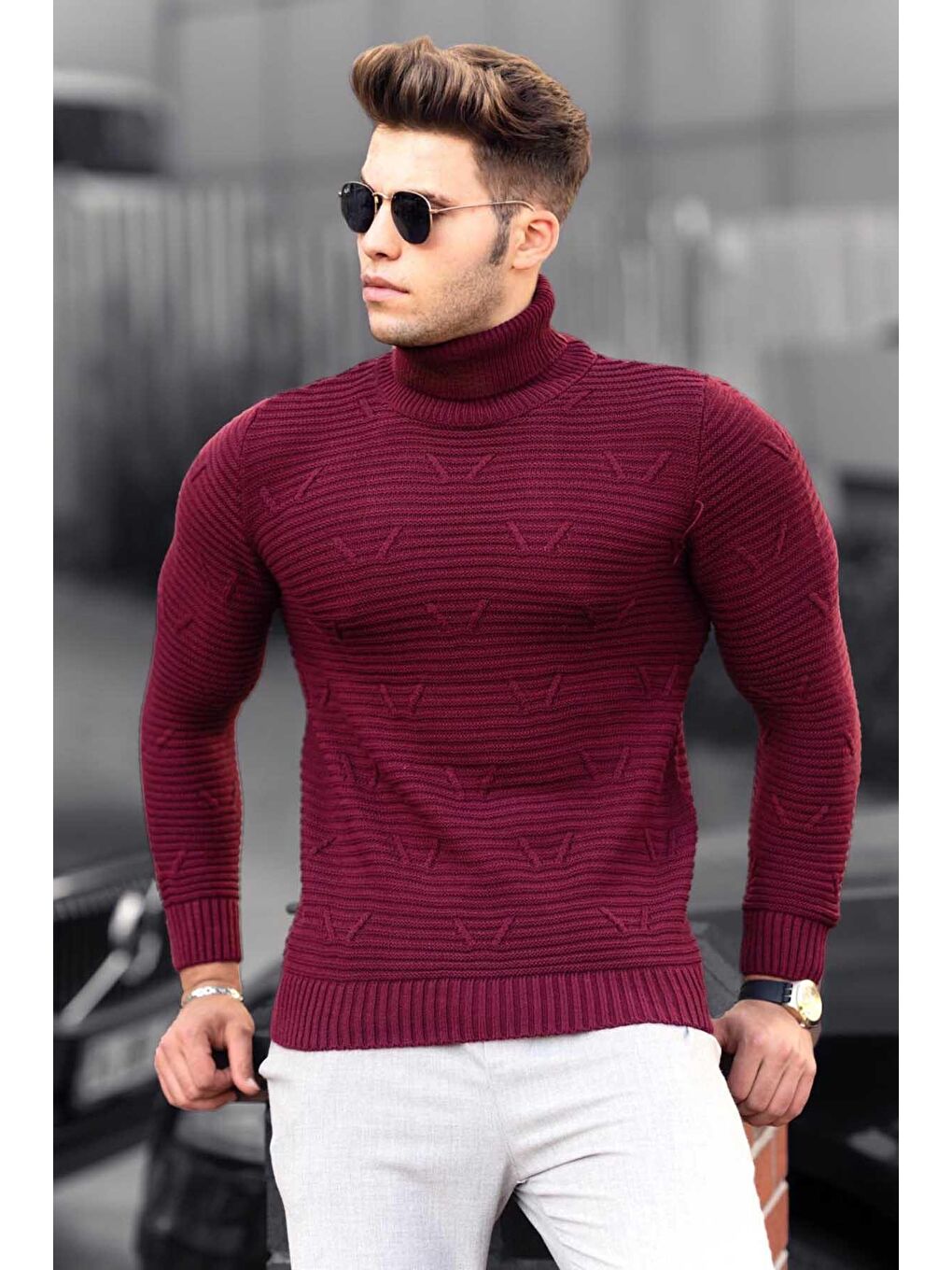 Bordo Desenli Balıkçı Yaka Kazak 4689