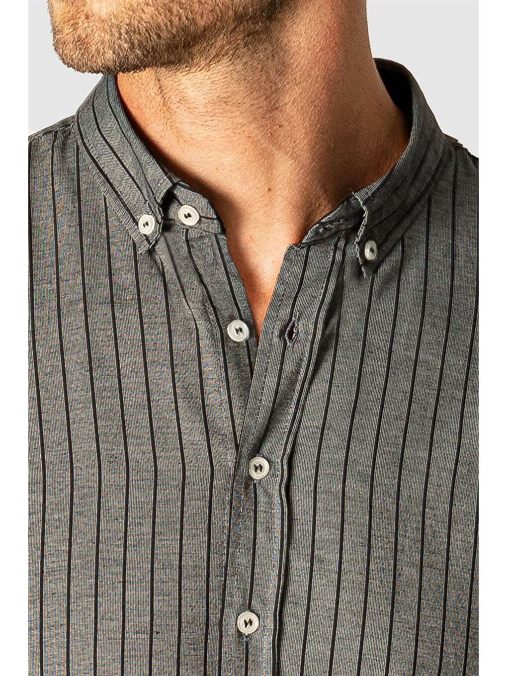 Gri Slim Fit Uzun Kol Çizgili Spor Yaka Poplin Erkek Gömlek-2