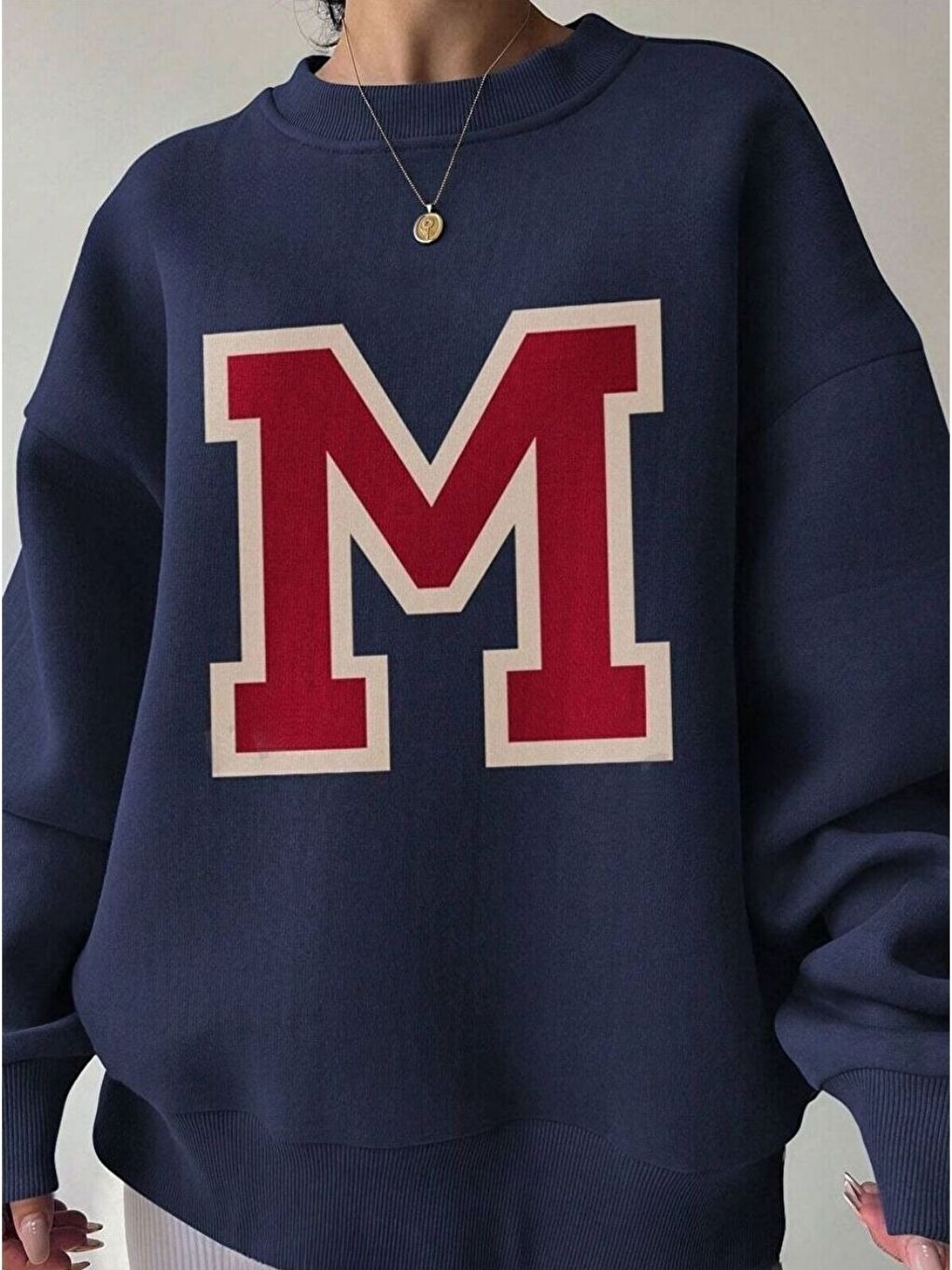 Lacivert Kadın Navy Blue  M Logo Baskılı Oversize Bisiklet Yaka Sweatshirt-2