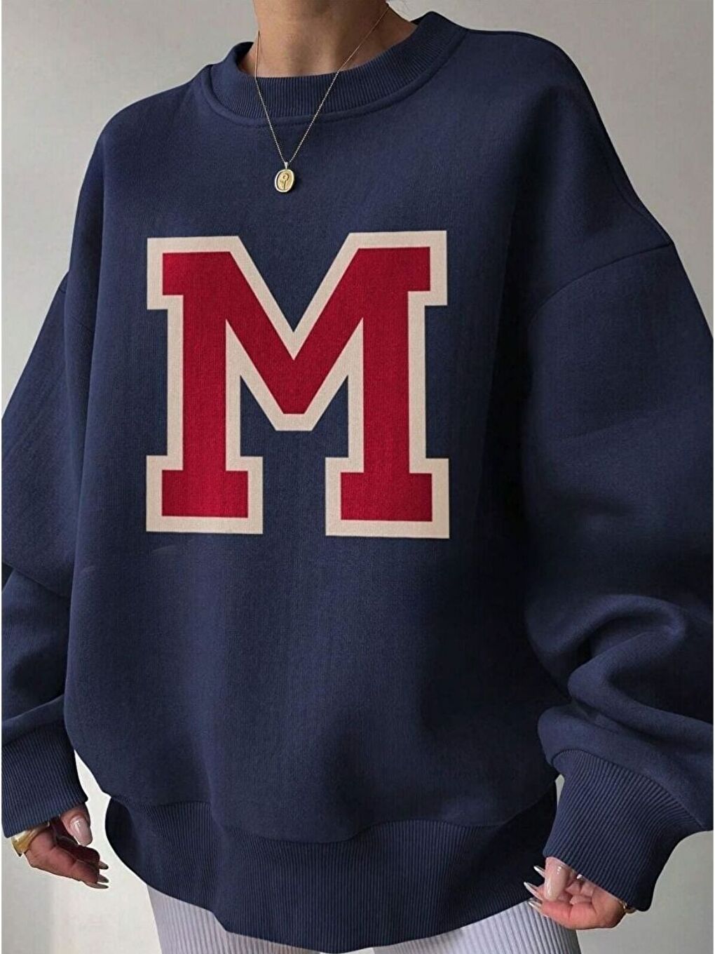 Lacivert Kadın Navy Blue  M Logo Baskılı Oversize Bisiklet Yaka Sweatshirt-3