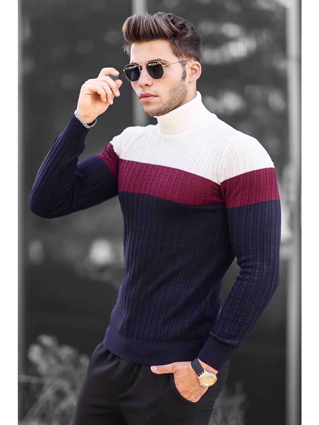 Renk Bloklu Beyaz Balıkçı Yaka Kazak 4678