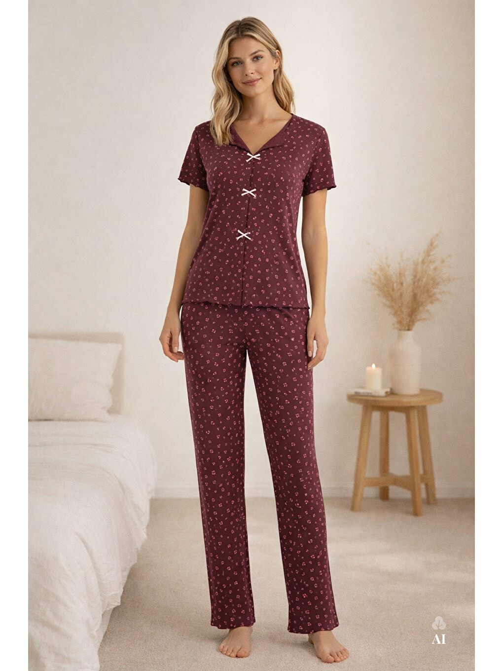 Bordo Kadın Kısa Kollu Fiyonklu Fitilli Pijama Takımı