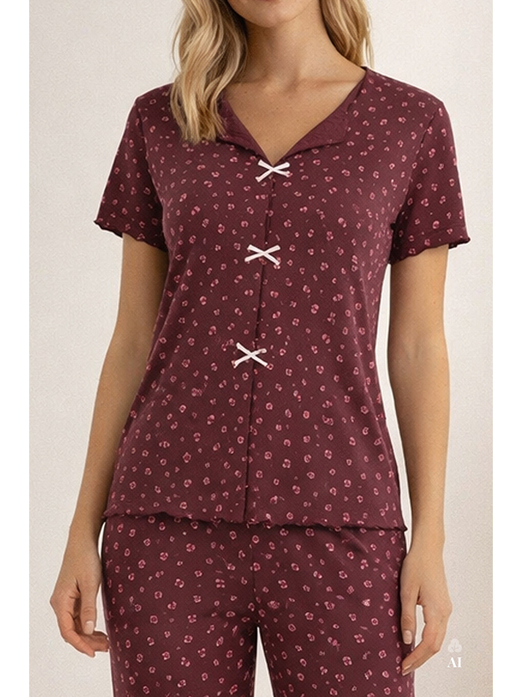 Bordo Kadın Kısa Kollu Fiyonklu Fitilli Pijama Takımı-1