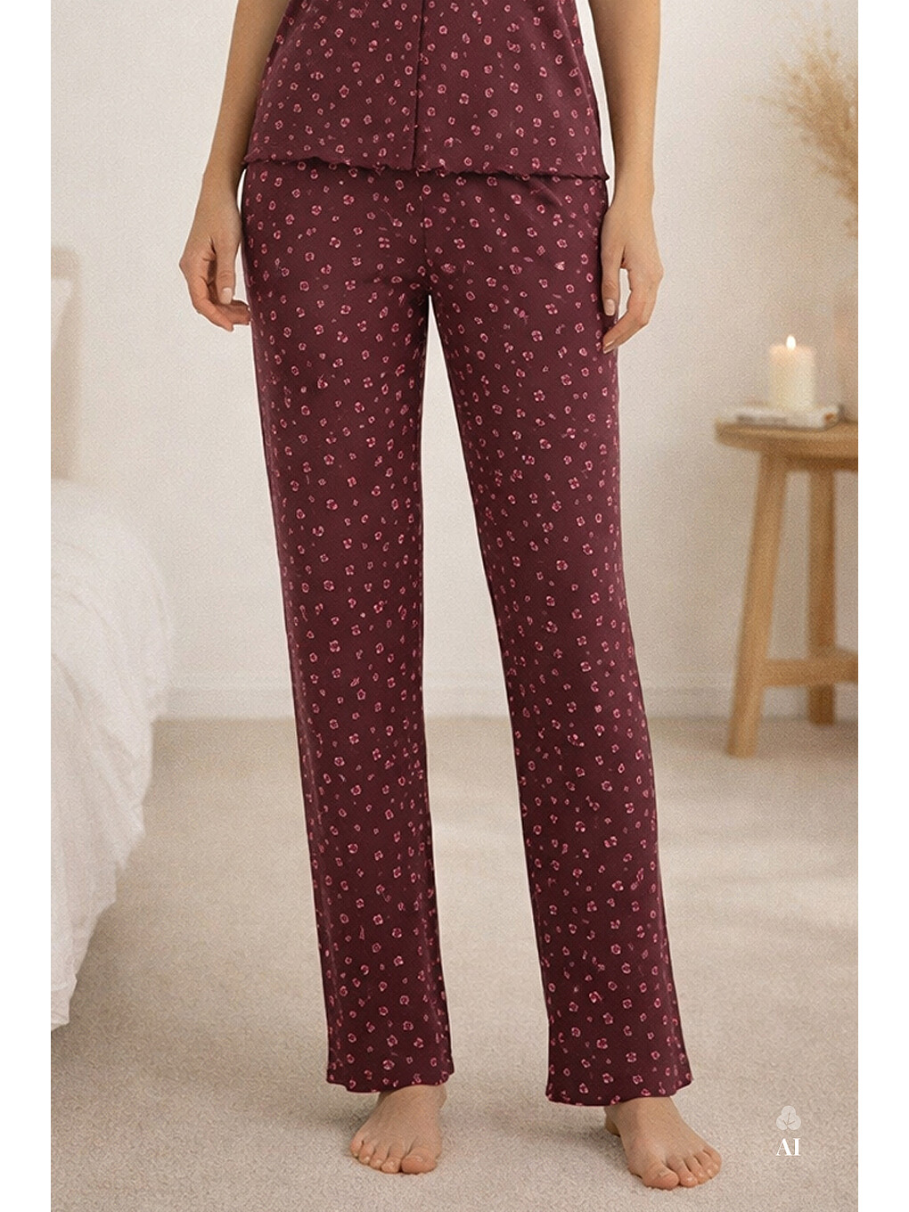 Bordo Kadın Kısa Kollu Fiyonklu Fitilli Pijama Takımı-2